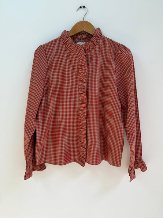 Chemise avec volants vichy camel/rouge