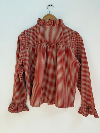 Chemise avec volants vichy camel/rouge