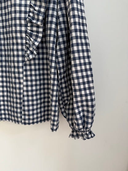 Blouse avec volants vichy bleue marine et blanche