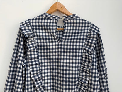 Blouse avec volants vichy bleue marine et blanche