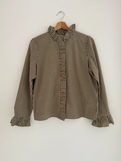 Chemise avec volants vichy kaki et beige
