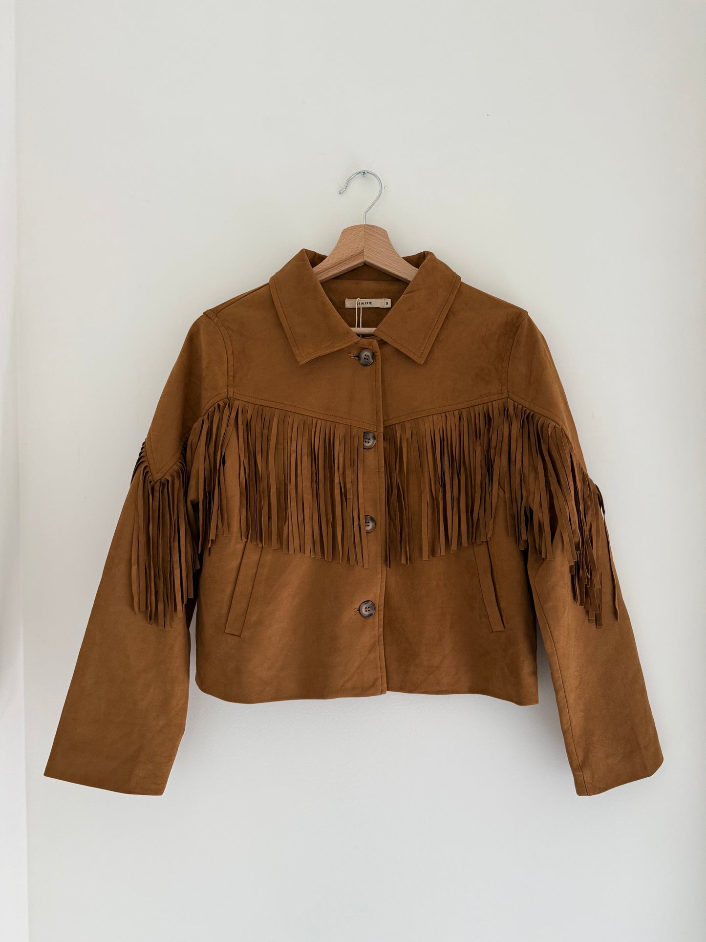 Veste camel effet daim avec franges