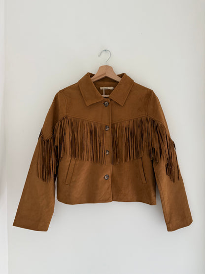 Veste camel effet daim avec franges