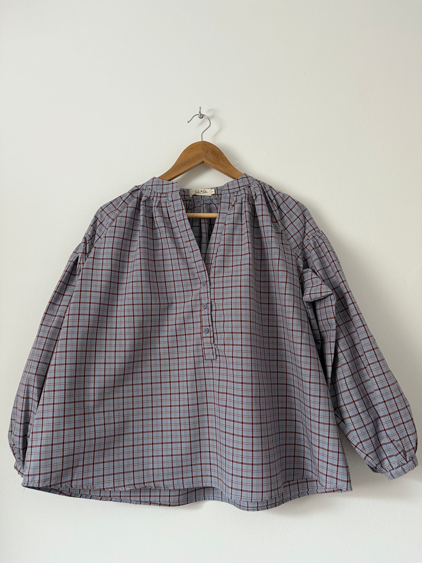 Blouse manches bouffantes à carreaux lilas