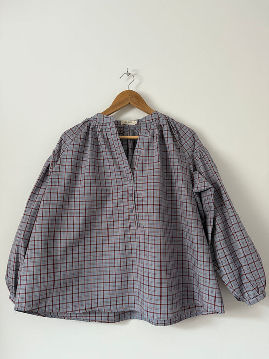 Blouse manches bouffantes à carreaux lilas