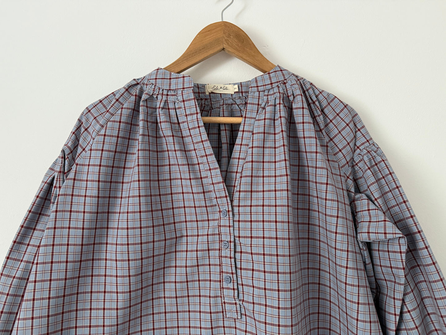 Blouse manches bouffantes à carreaux lilas