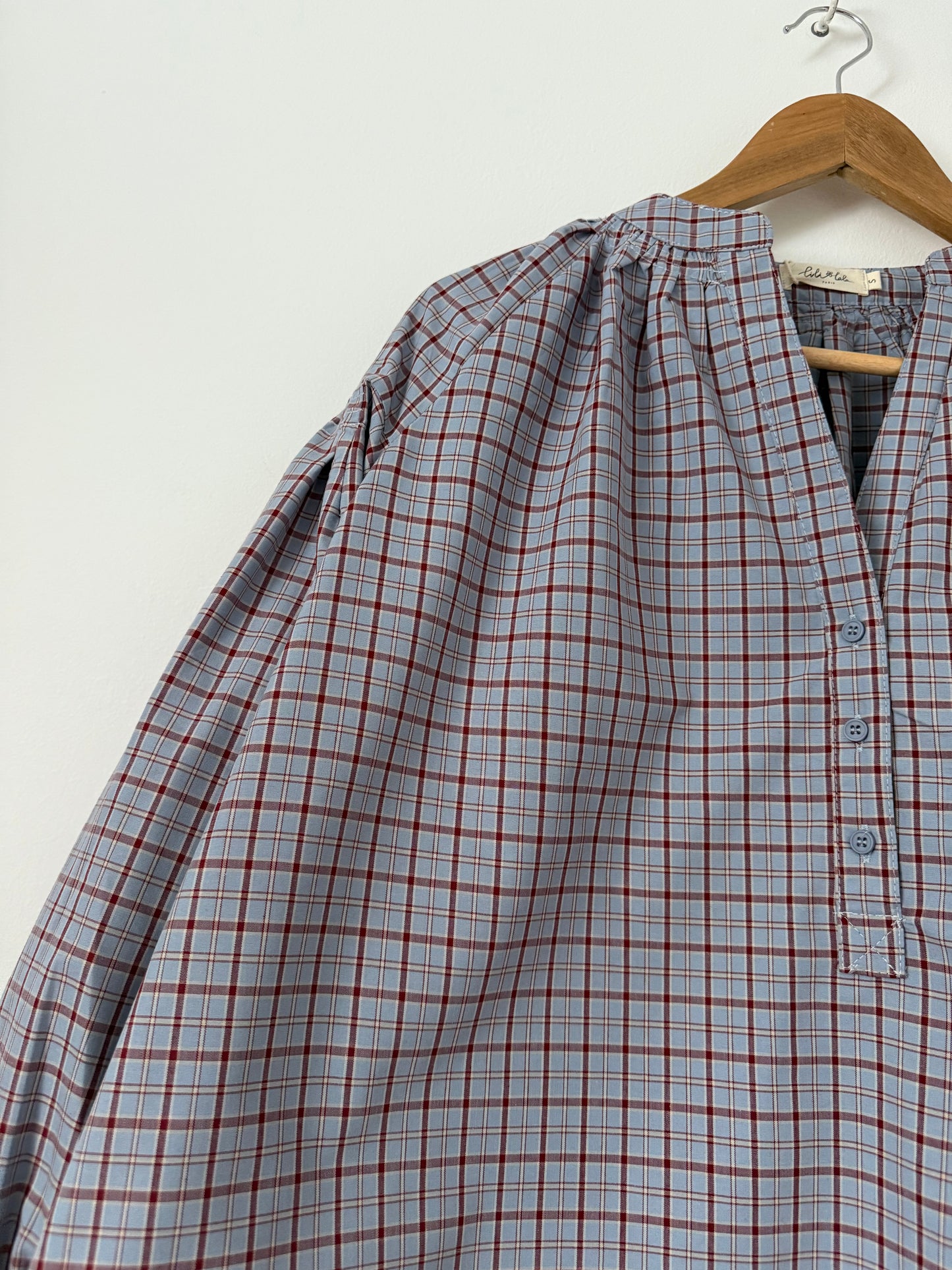 Blouse manches bouffantes à carreaux lilas