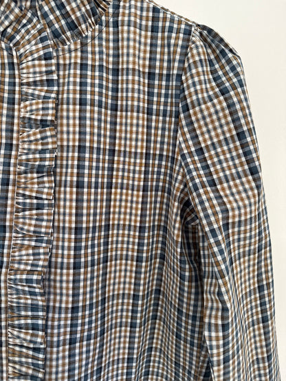 Chemise à carreaux avec col volant camel et bleue