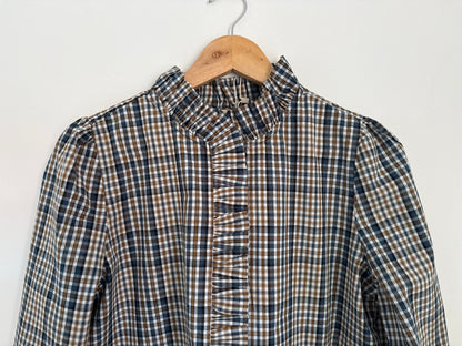 Chemise à carreaux avec col volant camel et bleue