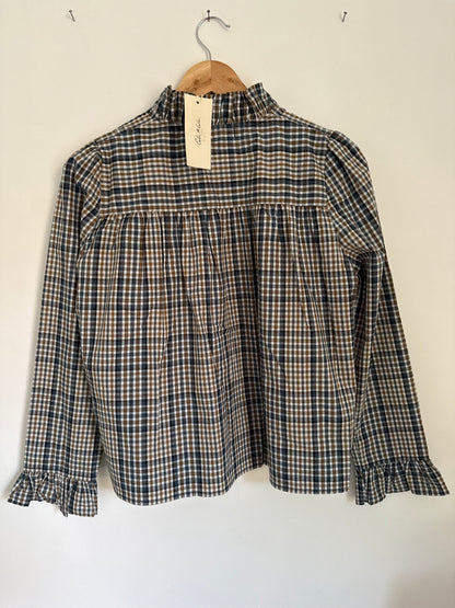 Chemise à carreaux avec col volant camel et bleue